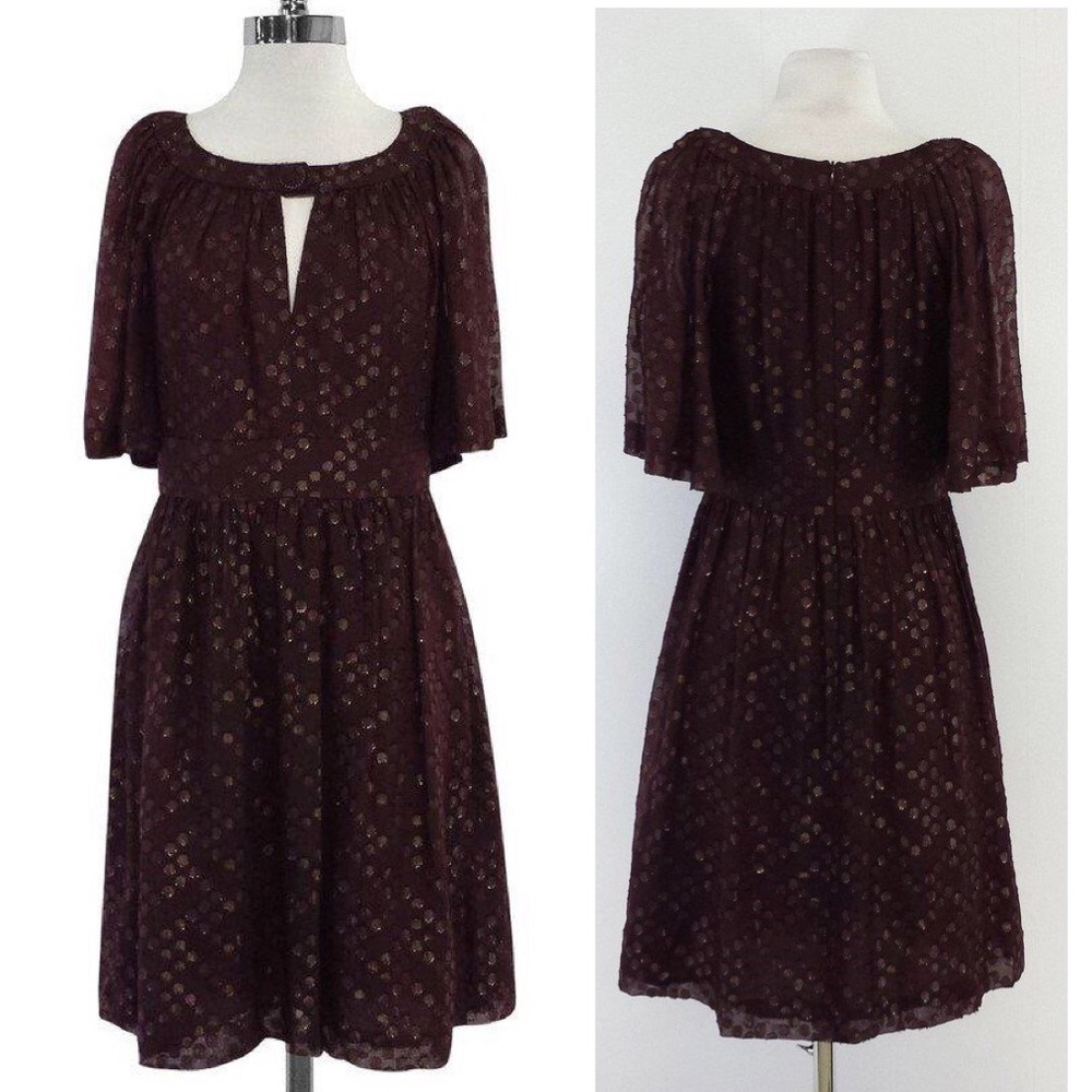 Trina Turk Maroon Metallic Polka Dot Spotted Flutter Silk Women Mini Dress 8